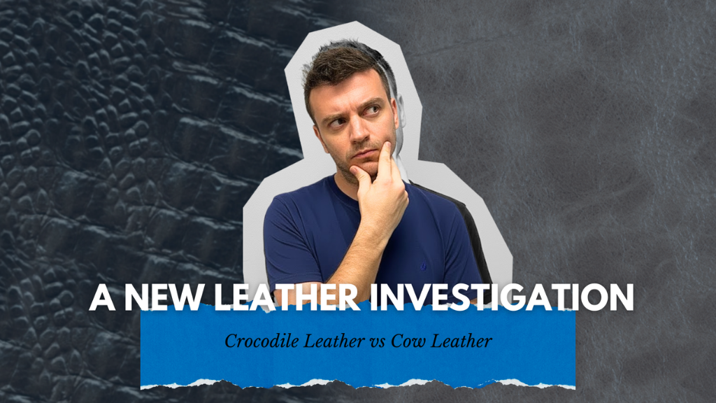 Tanner Leatherstein thinking with crocodile and cow leather textures behind him. Text reads ‘A New Leather Investigation — Crocodile Leather vs Cow Leather.