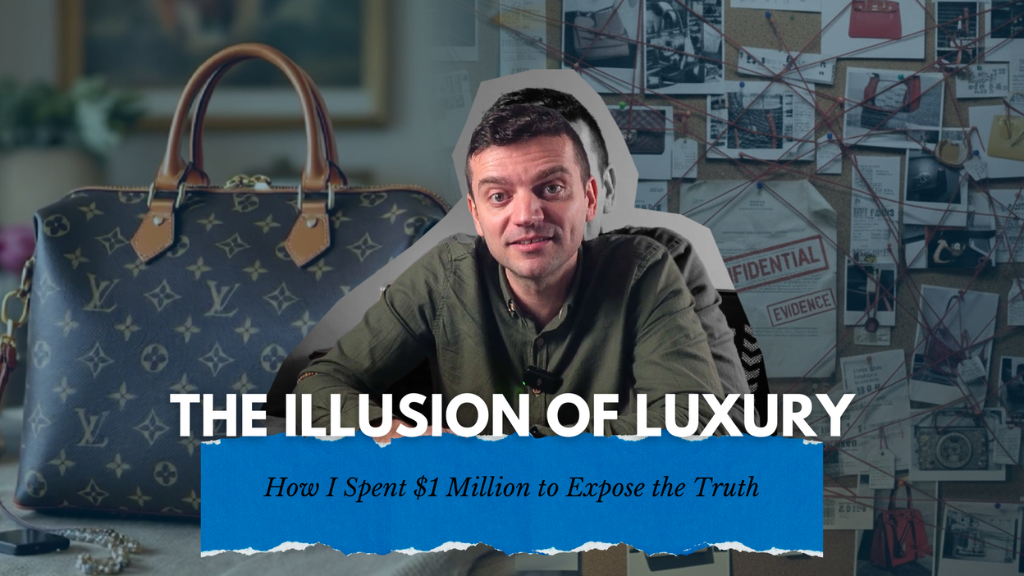 Tanner Leatherstein thumbnail discussing the illusion of luxury, with designer bag and investigation board behind him.
