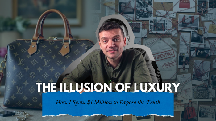 Tanner Leatherstein thumbnail discussing the illusion of luxury, with designer bag and investigation board behind him.