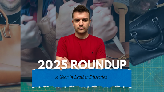 Tanner Leatherstein standing with folded arms in a red shirt, with leather bag dissections in the background. Text reads ‘2025 Roundup — A Year in Leather Dissection.’”