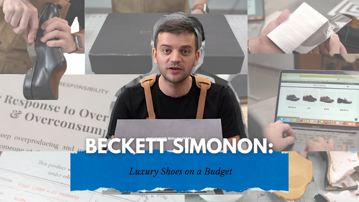 Thumbnail for 'Beckett Simonon: Luxury Shoes on a Budget' featuring Tanner Leatherstein with a shoebox, showcasing affordable luxury footwear.
