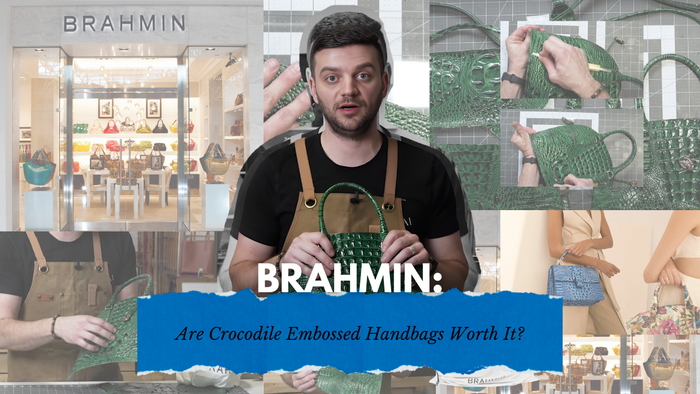 Image of Tanner Leatherstein holding a green Brahmin crocodile-embossed handbag in front of a Brahmin store display. The image showcases the process of examining and discussing the craftsmanship and value of Brahmin's crocodile-embossed leather handbags.