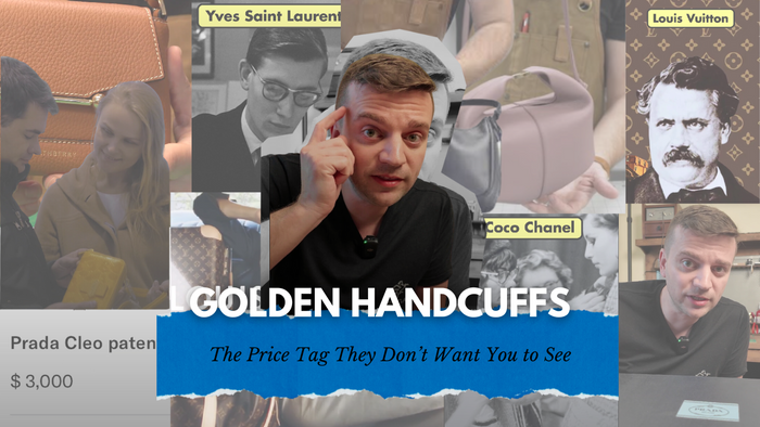 Collage highlighting luxury bag brands like Prada, Chanel, and Louis Vuitton, with Tanner Leatherstein discussing the hidden costs of luxury leather goods.