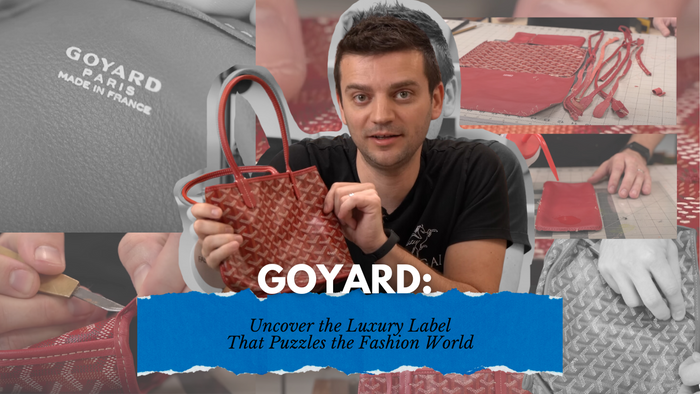 Image of Tanner Leatherstein holding a Goyard bag, surrounded by detailed craftsmanship and dissection visuals. Exploring Goyard's luxury mystique.