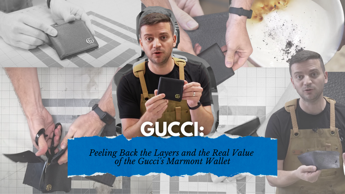 Leather expert Tanner Leatherstein dissects and reviews the Gucci Marmont wallet, showcasing close-up details of its craftsmanship, leather quality, and design flaws.