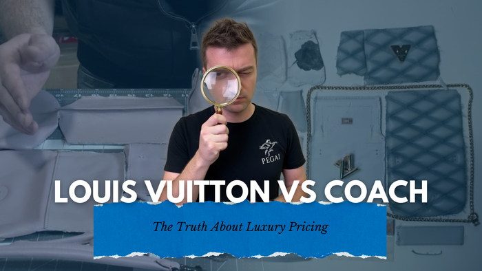 “Tanner Leatherstein examining luxury bags with a magnifying glass, with text ‘Louis Vuitton vs Coach — The Truth About Luxury Pricing.’”