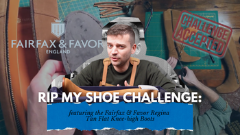 Tanner Leatherstein reviewing Fairfax & Favor Regina tan knee-high boots during the Rip My Shoe Challenge, with shoe-making scenes in the background.