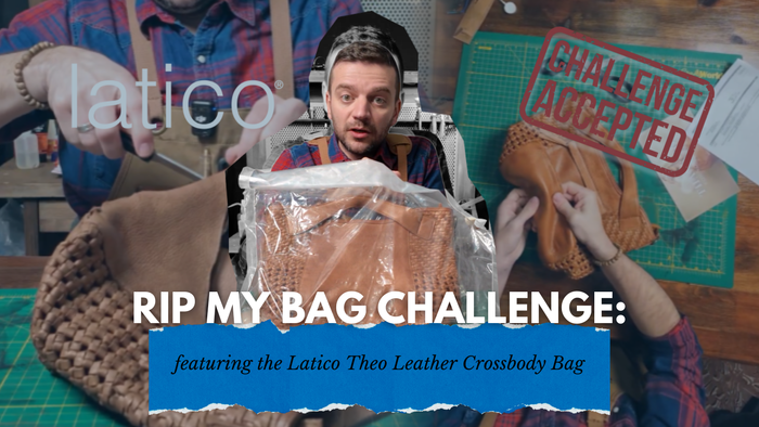Tanner Leatherstein holding the Latico Theo leather crossbody bag during the Rip My Bag Challenge, with leather crafting scenes in the background.