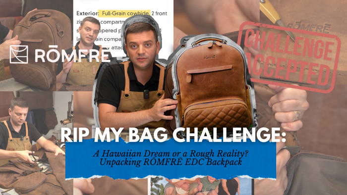 Tanner Leatherstein inspects a ROMFRĒ EDC backpack in the 'Rip My Bag Challenge,' evaluating the leather craftsmanship and brand reputation.