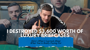 anner Leatherstein comparing luxury briefcases after cutting them open, with text reading ‘I Destroyed $3,600 Worth of Luxury Briefcases