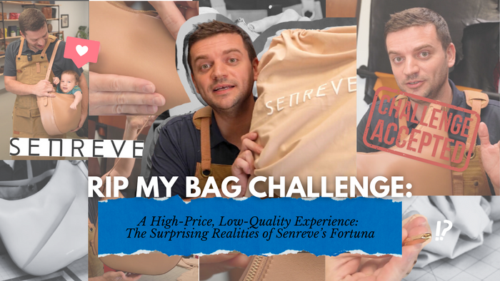 Image of Tanner Leatherstein holding Senreve's Fortuna Bag during a 'Rip My Bag Challenge,' with scenes of leather testing, product details, and quality inspection.