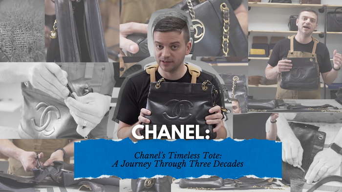 Thumbnail for 'Chanel's Timeless Tote' featuring Tanner Leatherstein holding a vintage Chanel bag, with close-up shots of the bag's details in the background.