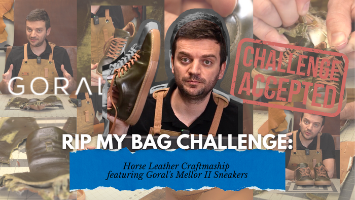 Thumbnail for 'RIP MY BAG CHALLENGE' with Tanner Leatherstein and Goral's Mellor II Sneakers. Tanner holds a sneaker, with leatherwork scenes in the background and 'Challenge Accepted' stamp.