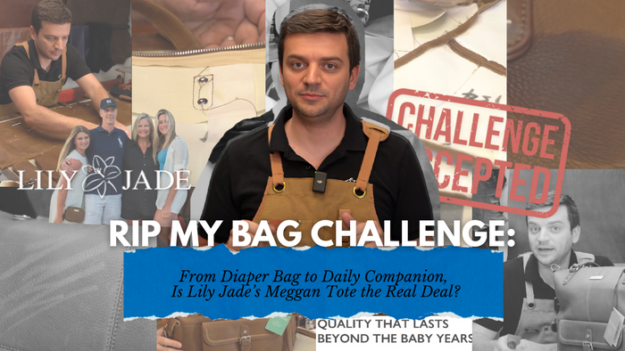 Lily Jade Meggan Tote in 'RIP MY BAG CHALLENGE' with Tanner Leatherstein. Background shows bag details and 'Challenge Accepted' stamp.