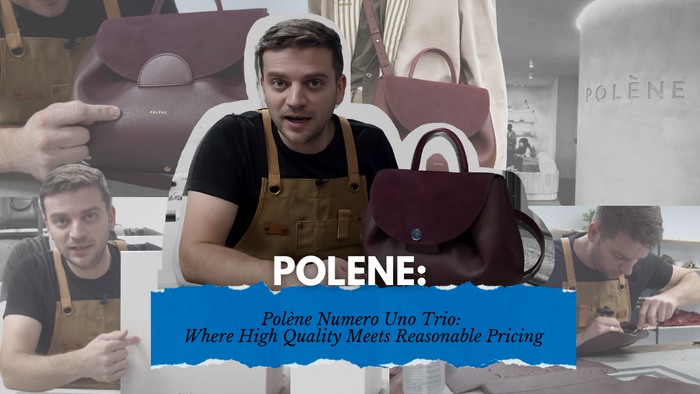 Thumbnail for 'Polène Numero Uno Trio: Where High Quality Meets Reasonable Pricing' featuring Tanner Leatherstein holding a Polène bag, with background scenes of leather inspection and craftsmanship.