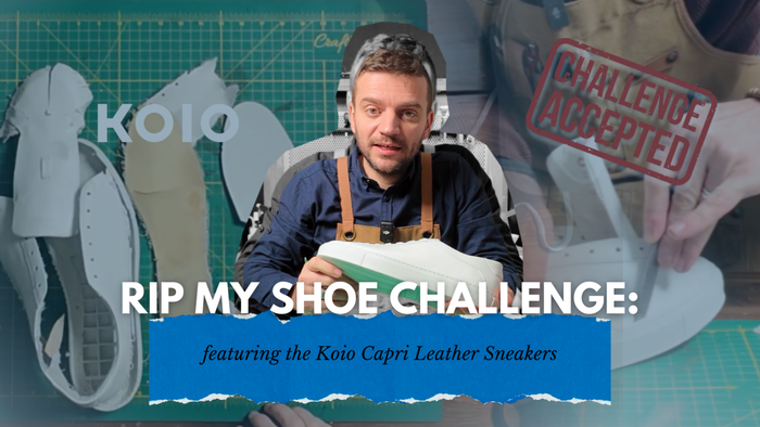 “Tanner Leatherstein reviewing Koio Capri leather sneakers during the Rip My Shoe Challenge.”