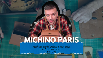 “Tanner Leatherstein holding the Michino Paris Palais Royal bag during a leather craftsmanship review.”