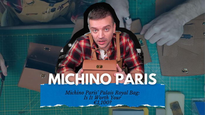 “Tanner Leatherstein holding the Michino Paris Palais Royal bag during a leather craftsmanship review.”