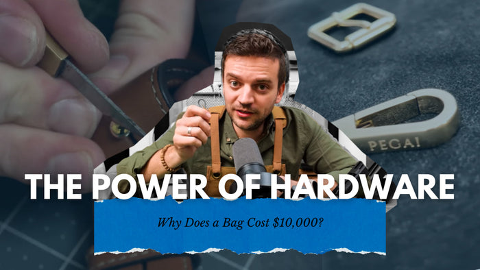 Tanner Leatherstein sits at a microphone, holding leather hardware while discussing luxury bag construction. The background features close-ups of bag hardware with 