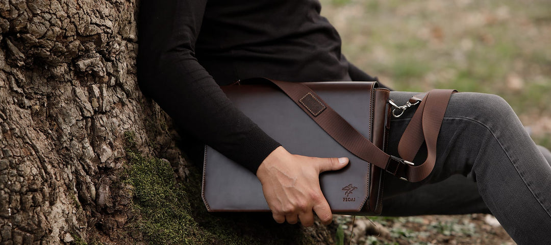 Pegai leather messenger bag in brown, sitting against tree