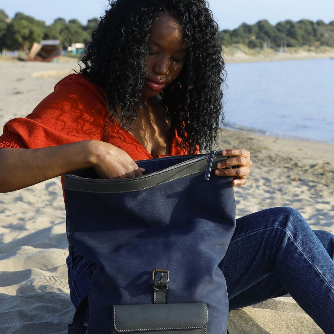 Rocky | Suede Rolltop Backpack | Blue