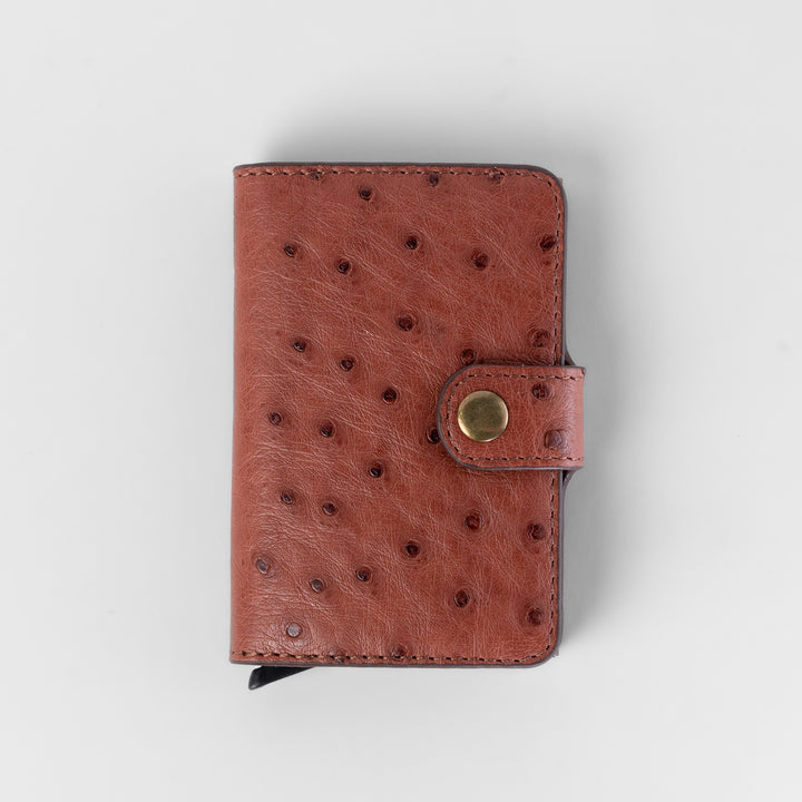 Agustine | Ostrich Leather Quick Card Access Wallet | Caramel