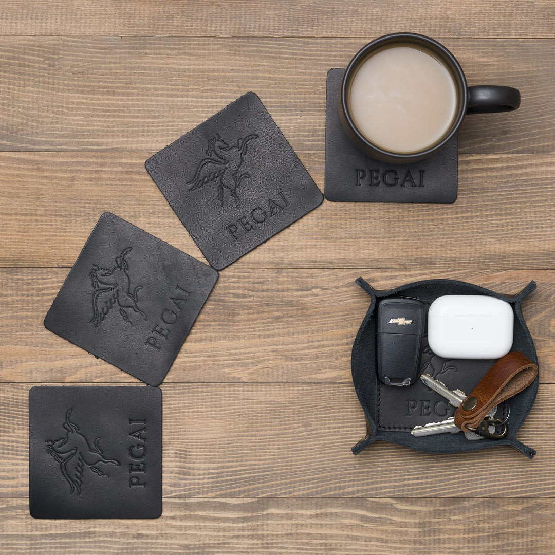 Leather Coaster & Catchall Tray Set | Black | Stack