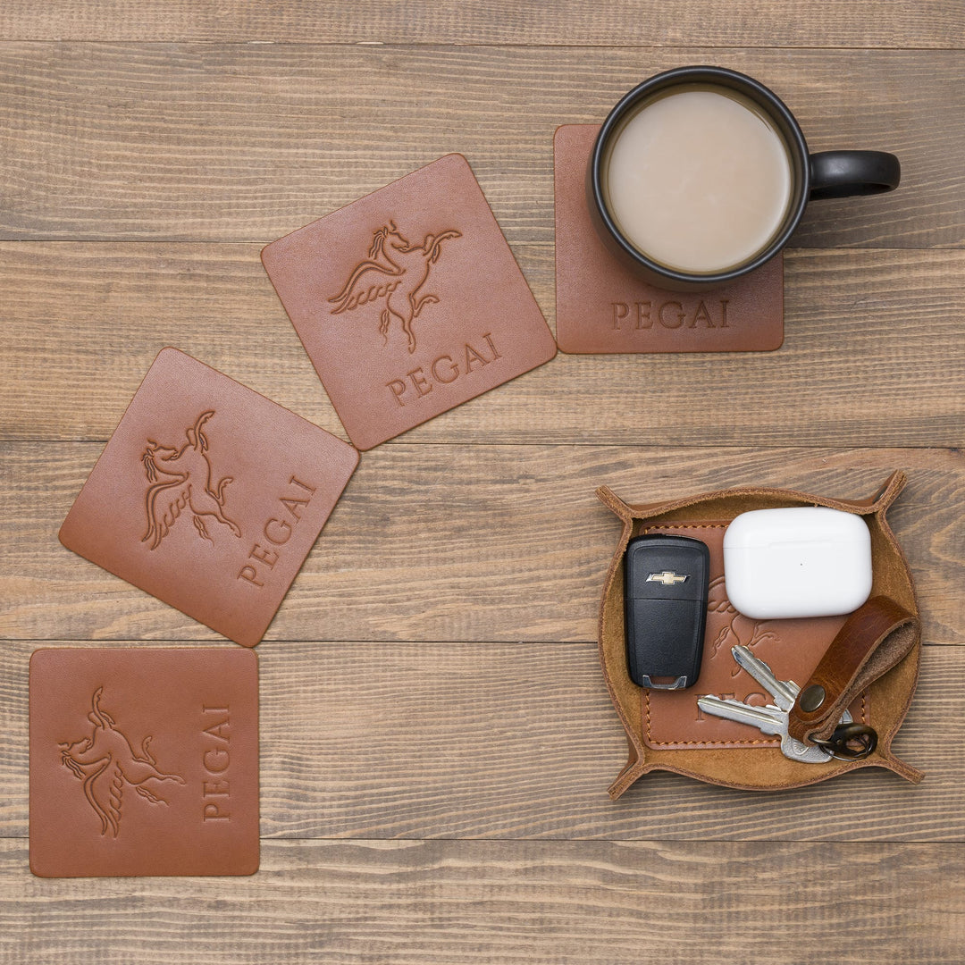 Leather Coaster & Catchall Tray Set | Taba Brown | Stack