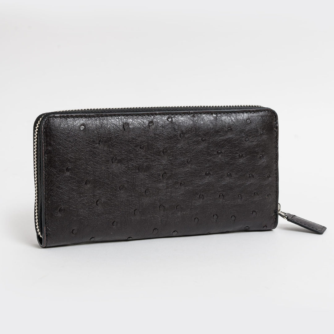 Zippered Wallet | Ostrich Leather  | Black